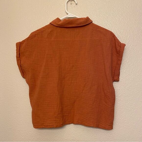 SO orange muslin gauze cotton button up Top blouse oversized cropped dolman XS - Picture 3 of 8